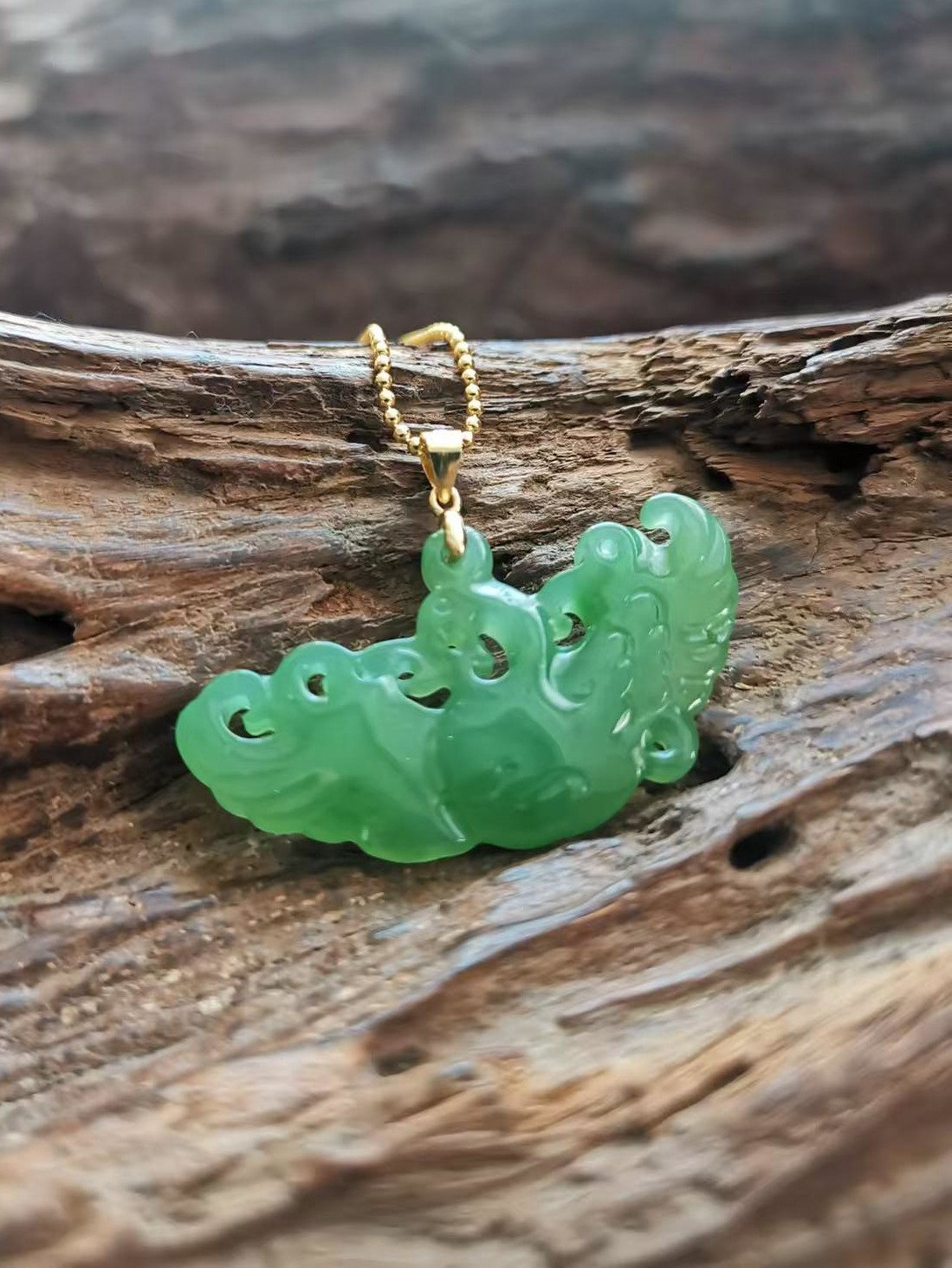 Phoenix pendant in flawless apple green jade — Jade Fiend